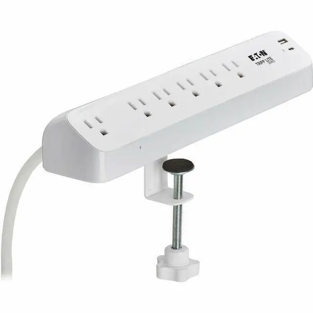 Main image of Eaton Tripp Lite Series Protect It! 6-Outlet Surge Protector with USB-A and USB-C Charging Ports - 5-15R Outlets, 900 Joules, Desk Clamp, 6 ft. (1.8 m) Cord, White - White - NEMA 5-15P - 1 x USB Type