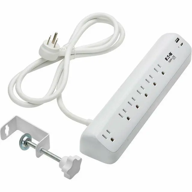 Alt view image 7 of 7 - Eaton Tripp Lite Series Protect It! 6-Outlet Surge Protector with USB-A and USB-C Charging Ports - 5-15R Outlets, 900 Joules, Desk Clamp, 6 ft. (1.8 m) Cord, White - White - NEMA 5-15P - 1 x USB Type