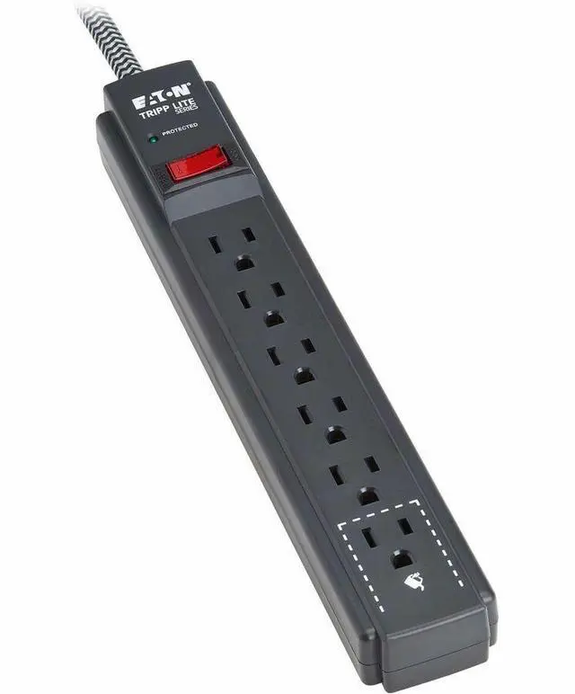 Alt view image 5 of 7 - Eaton Tripp Lite Series Protect It! 6-Outlet Surge Protector - 5-15R Outlets, 1500 Joules, 25 ft. (7.6 m) Braided Cord, Black - Black - NEMA 5-15P - 6 x NEMA 5-15R - 1800 VA - 1500 J - 120 V AC Input