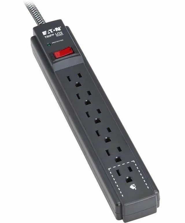 Alt view image 2 of 7 - Eaton Tripp Lite Series Protect It! 6-Outlet Surge Protector - 5-15R Outlets, 1200 Joules, 20 ft. (6.1 m) Braided Cord, Black - Black - NEMA 5-15P - 6 x NEMA 5-15R - 1800 VA - 1200 J - 120 V AC Input