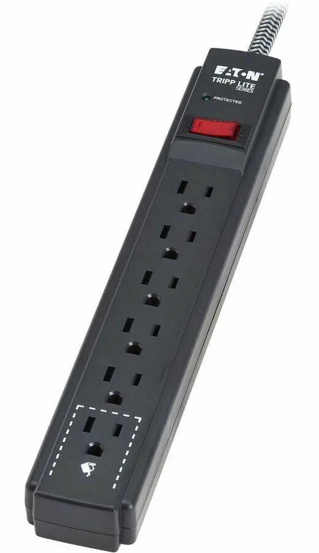 Alt view image 6 of 7 - Eaton Tripp Lite Series Protect It! 6-Outlet Surge Protector - 5-15R Outlets, 1200 Joules, 20 ft. (6.1 m) Braided Cord, Black - Black - NEMA 5-15P - 6 x NEMA 5-15R - 1800 VA - 1200 J - 120 V AC Input
