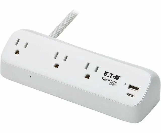 Alt view image 3 of 7 - Eaton Tripp Lite Series Protect It! 3-Outlet Surge Protector with USB-A and USB-C Ports - 5-15R Outlets, 900 Joules, 20W PD Charging, Desk Clamp, 8 ft. (2.4 m) Braided Cord, White - White - NEMA 5-15P