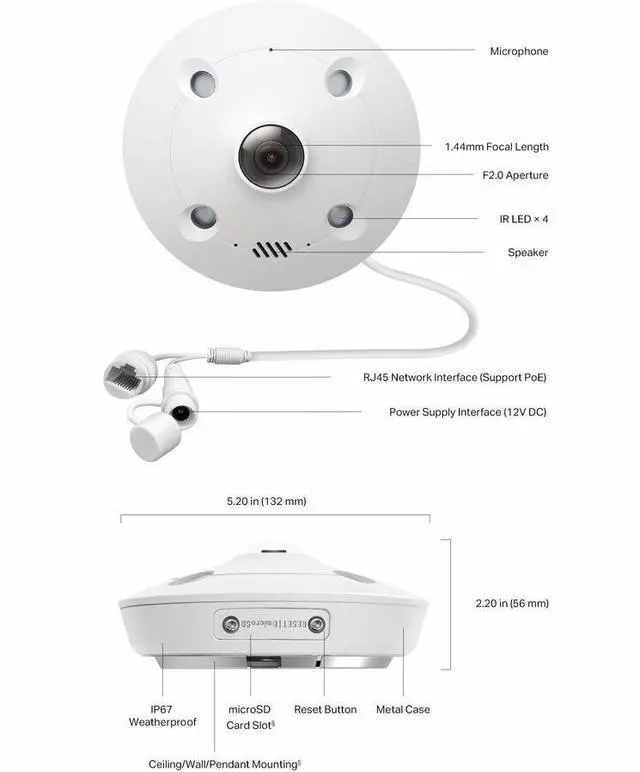 Alt view image 7 of 8 - TP-Link InSight S655I 5 Megapixel Indoor Network Camera - Color - Fisheye - 32.81 ft Infrared Night Vision - H.265+, H.265, H.264, H.264+, H.264H, H.265M - 2560 x 1920 - 1.44 mm Fixed Lens - 30 fps -
