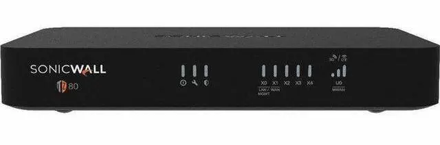 Main image of SonicWall TZ80 Network Security/Firewall Appliance - Intrusion Prevention - 4 Port - Gigabit Ethernet - 750 Mbit/s Firewall Throughput - DES, 3DES, MD5, SHA-1, AES (128-bit), AES (192-bit), AES (256-b