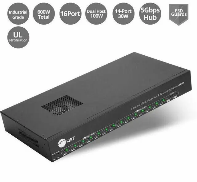 Alt view image 7 of 7 - SIIG 16-port Industrial 600W USB-C PD Charging Station with 5Gbps USB Hub - SIIG Industrial Grade PD Charging Station with USB-C 5Gbps Hub - 600W - Adds 16 USB-C Charging Ports - 2-port 100W for Host