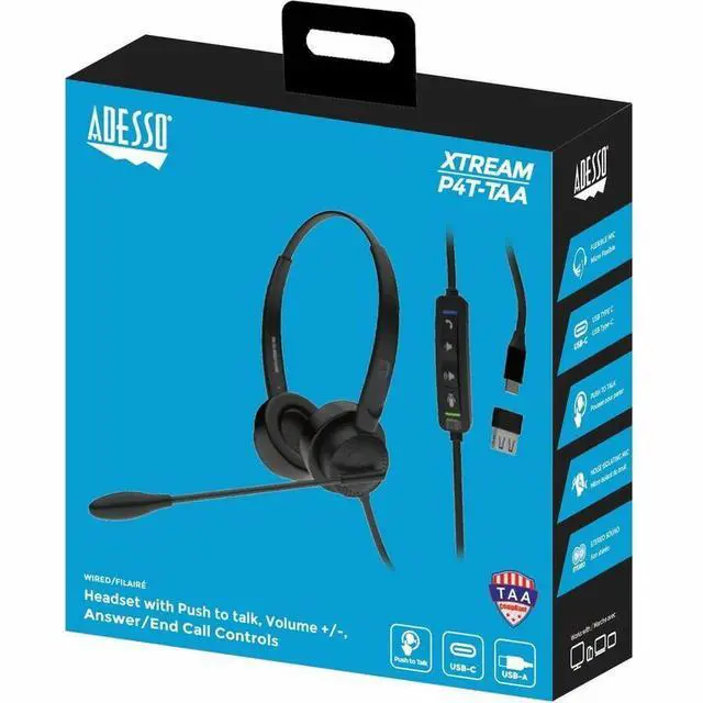 Alt view image 2 of 7 - Adesso Xtream P4T-TAA Headset with Push to talk, Volume +/-, Answer/End Call Controls - Stereo - USB Type C, USB Type A - Wired - 30 Ohm - 20 Hz to 20 kHz - Over-the-head, Over-the-ear - Binaural - Su