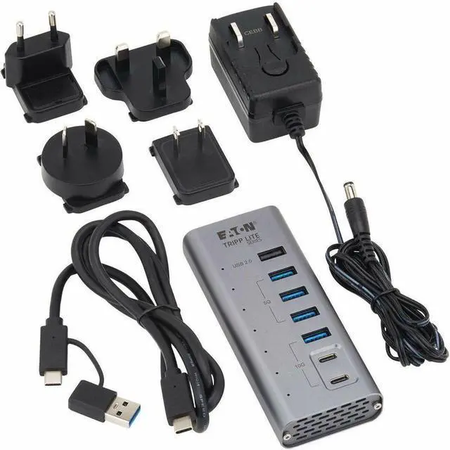 Alt view image 6 of 7 - Eaton Tripp Lite Series 7-Port USB-C Hub - USB 3.2 Gen 1 and USB 3.2 Gen 2, 5 USB-A and 2 USB-C Ports, Gray - USB Type C - 640 MB/s, 1.25 GB/s - Desktop, Smartphone, Tablet, Notebook, Headset, Microph