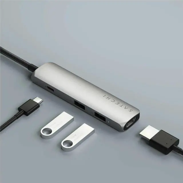 Alt view image 4 of 10 - Satechi 4-in-1 USB-C Slim Multiport Adapter 4K - for Desktop PC, Notebook, Tablet, Smartphone, Monitor - Charging Capability - USB Type C - 4K, 4K @ 60Hz - 3840 x 2160 - 3 x USB Ports - 2 x USB Type-A