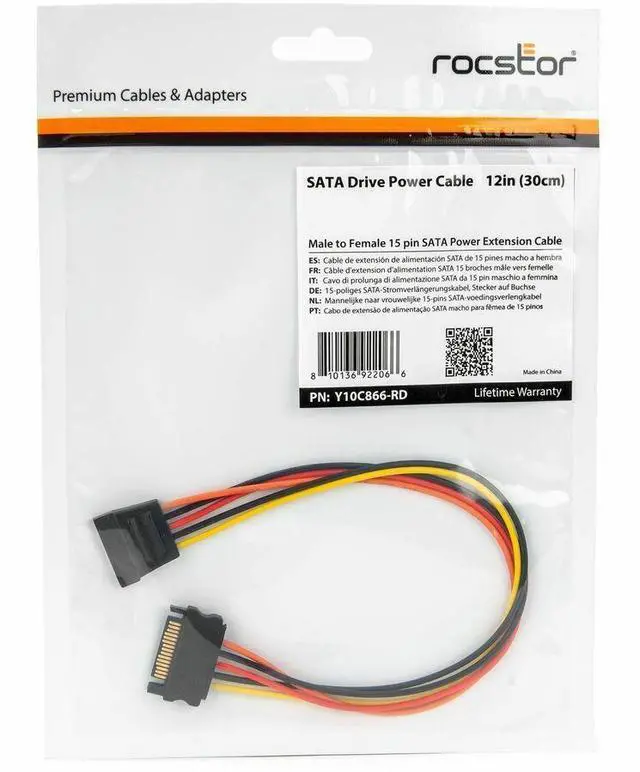 Alt view image 2 of 5 - Rocstor 12in 15 Pin SATA Power Extension Cable - For Computer, SATA Drive - 1 ft Cord Length - SATA / SATA