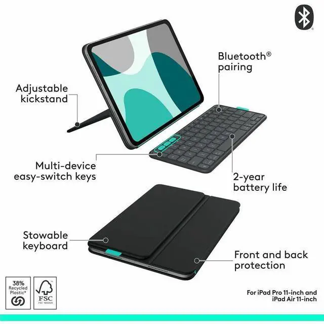 Alt view image 14 of 14 - Logitech Flip Folio Keyboard Case for iPad Pro & iPad Air 11" Midnight Black
