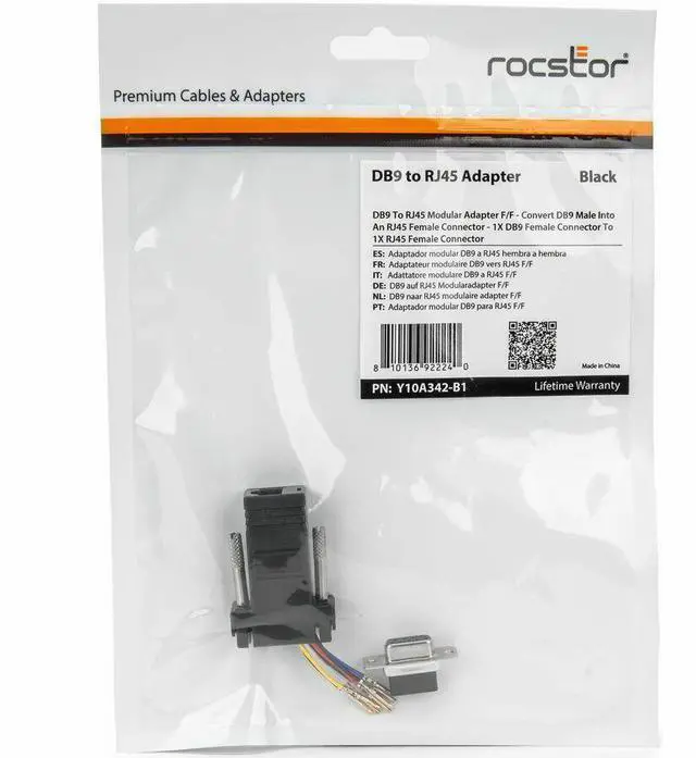 Alt view image 4 of 7 - Rocstor DB9 to RJ45 Modular Serial Adapter - Black - 1 x 9-pin DB-9 Serial - Female - 1 x RJ-45 Network - Female - Gold Connector - Gold Contact - Black