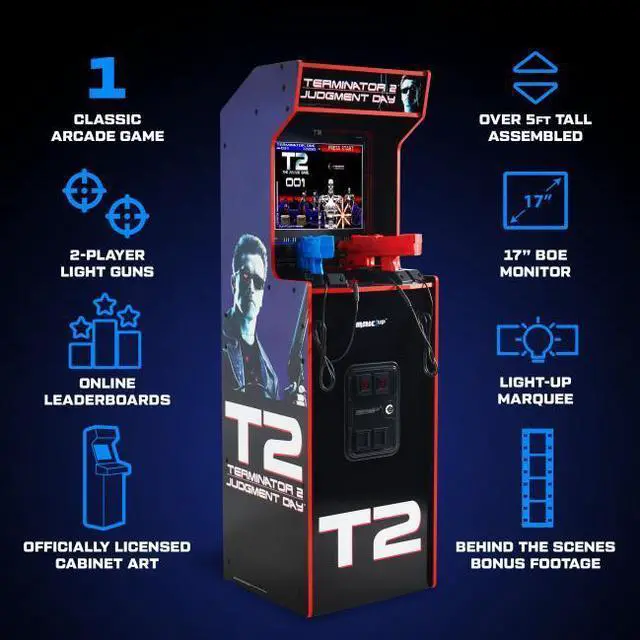 Alt view image 6 of 7 - Arcade1Up Terminator 2 Deluxe Arcade Machine - 17" Color Screen - Real-Feel Arcade Light Guns - Wi-Fi Leaderboards - 1 Classic Game & Behind the scenes footage - Perfect for at-Home Gaming
