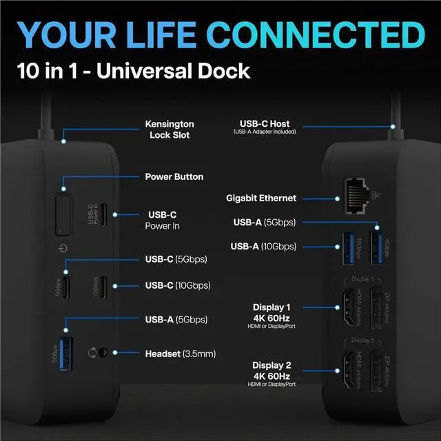 Alt view image 4 of 9 - VisionTek VT1200DL Docking Station - for Notebook, Laptop, Desktop - Power Passthrough - USB Type A, USB Type C - 2 Displays Supported - 4K, 4K @ 60Hz, 4K UHD - 3840 x 2160 - 5 x USB Ports - 3 x USB T
