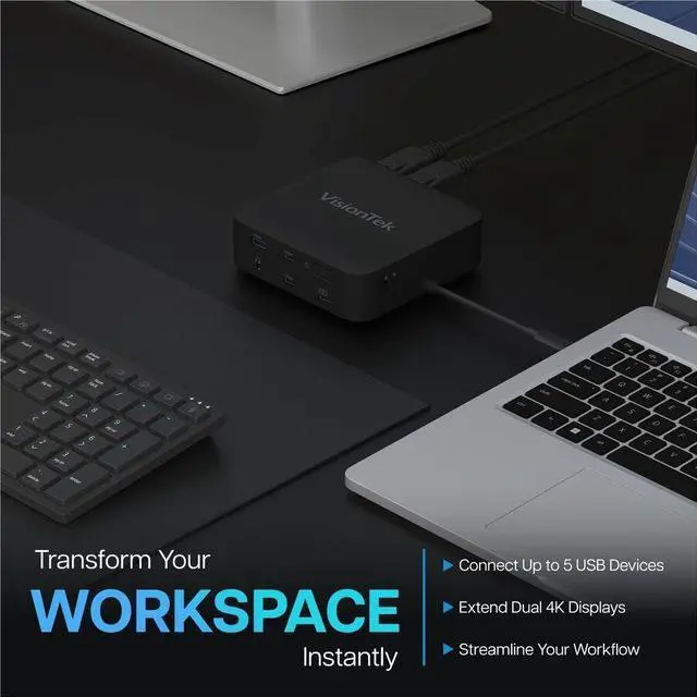 Alt view image 6 of 9 - VisionTek VT1200DL Docking Station - for Notebook, Laptop, Desktop - Power Passthrough - USB Type A, USB Type C - 2 Displays Supported - 4K, 4K @ 60Hz, 4K UHD - 3840 x 2160 - 5 x USB Ports - 3 x USB T