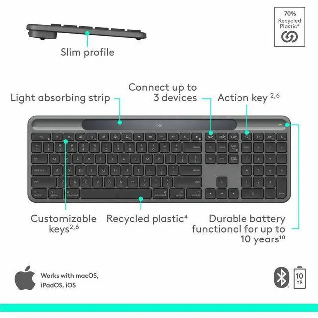 Alt view image 6 of 14 - Logitech Signature Slim Solar+ keyboard for Mac, solar and artificial light powered, durable battery that lasts up to 10 years, customizable keys, Bluetooth, Graphite - Wireless Connectivity - Bluetoo