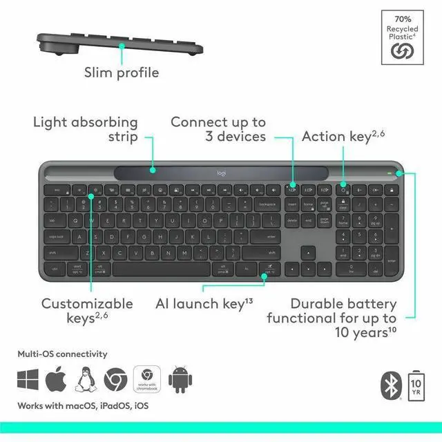Alt view image 13 of 14 - Logitech Signature Slim Solar+ Wireless Bluetooth Keyboard Graphite 920013755