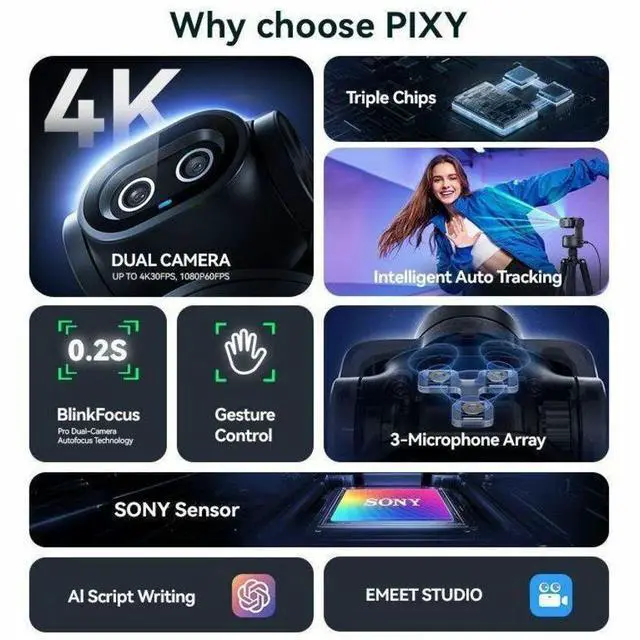 Alt view image 5 of 7 - EMEET Pixy Dual-lens 4K PTZ Webcam with Gesture Control and Auto Tracking, Work with EMEET STUDIO - 4K - 3840 x 2160 Video - PTZ
