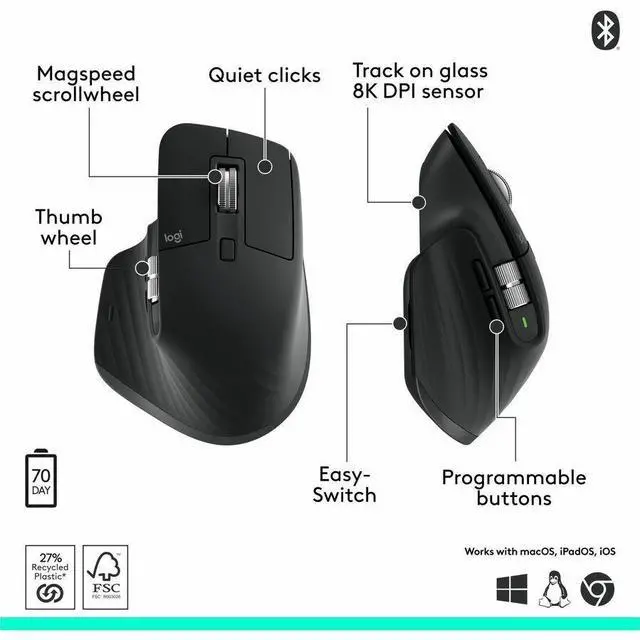 Alt view image 8 of 8 - Logitech MX Master 3S Performance Wireless Mouse with Ultra-fast Scrolling Ergo 8K DPI Track on Glass Quiet Clicks Bluetooth Windows Linux Chrome Black 910007500