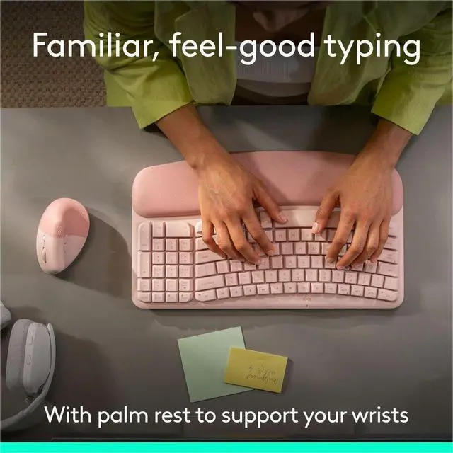 Alt view image 12 of 14 - Logitech Wave Keys & Lift Vertical Mouse Ergonomic Wireless Keyboard and Mouse Combo with Cushioned Palm Rest Rose 920013612