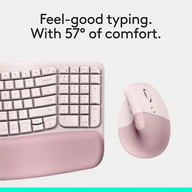 Alt view image 14 of 14 - Logitech Wave Keys & Lift Vertical Mouse Ergonomic Wireless Keyboard and Mouse Combo with Cushioned Palm Rest Rose 920013612