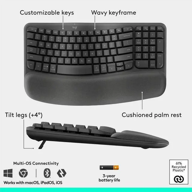 Alt view image 10 of 14 - Logitech Wave Keys & Lift Vertical Mouse Ergonomic Wireless Keyboard and Mouse Combo with Cushioned Palm Rest Graphite 920013610