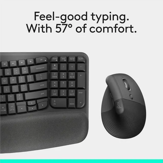 Alt view image 9 of 14 - Logitech Wave Keys & Lift Vertical Mouse Ergonomic Wireless Keyboard and Mouse Combo with Cushioned Palm Rest Graphite 920013610