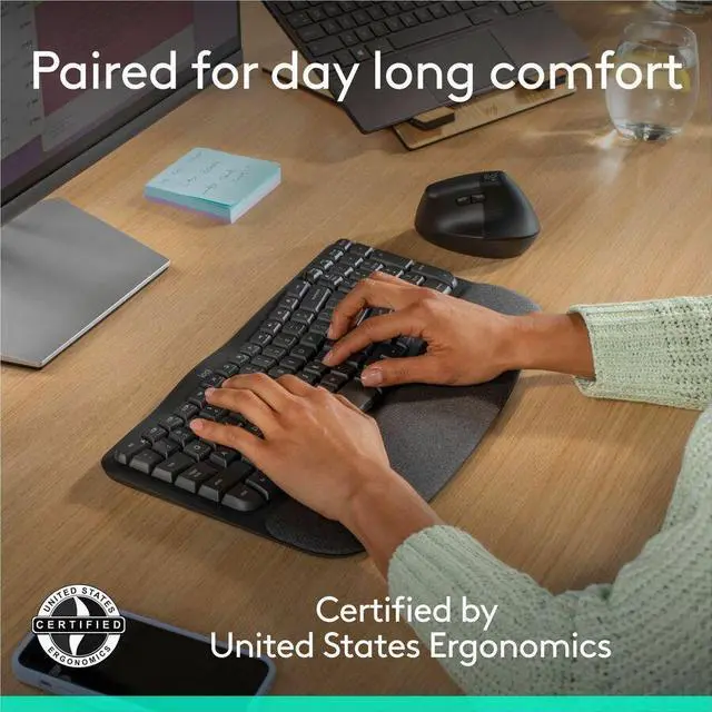 Alt view image 14 of 14 - Logitech Wave Keys & Lift Vertical Mouse Ergonomic Wireless Keyboard and Mouse Combo with Cushioned Palm Rest Graphite 920013610