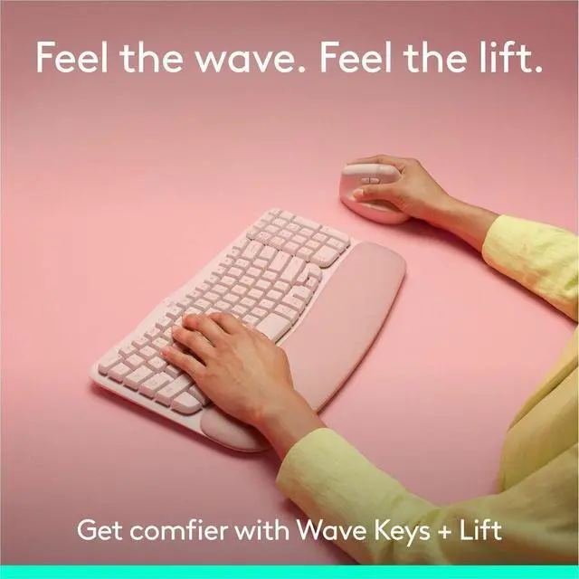 Alt view image 11 of 14 - Logitech Wave Keys & Lift Vertical Mouse Ergonomic Wireless Keyboard and Mouse Combo with Cushioned Palm Rest Rose 920013612