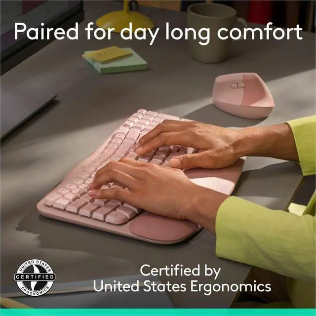 Alt view image 13 of 14 - Logitech Wave Keys & Lift Vertical Mouse Ergonomic Wireless Keyboard and Mouse Combo with Cushioned Palm Rest Rose 920013612