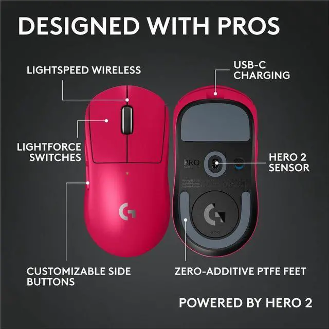 Alt view image 4 of 14 - Logitech G PRO X SUPERLIGHT 2c wireless gaming mouse, 51 g pro-grade compact mouse with 5 programmable buttons, USB-C charging, 44K DPI sensor, up to 8 kHz polling for PC/Mac, Pink - HERO 2 - Wireless