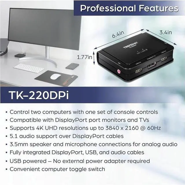 Alt view image 6 of 20 - TRENDnet 2-Port 4K DisplayPort 1.2 KVM Switch with Audio, 4K UHD (3840 x 2160@60Hz), 3.5mm Speaker/Microphone, USB 2.0, Integrated Cables, Black, TK-220DPI - 2 Computer(s) - 1 Local User(s) - 3840 x 2