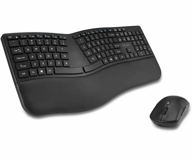 Alt view image 3 of 9 - Kensington Pro Fit Ergo KM680 EQ Rechargeable Desktop Set - USB Type A Wireless Bluetooth/RF 5.4 2.40 GHz Keyboard - Black - USB Type A Wireless Bluetooth/RF Mouse - Optical - 2400 dpi - 6 Button - Bl