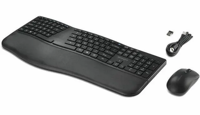 Alt view image 5 of 9 - Kensington Pro Fit Ergo KM680 EQ Rechargeable Desktop Set - USB Type A Wireless Bluetooth/RF 5.4 2.40 GHz Keyboard - Black - USB Type A Wireless Bluetooth/RF Mouse - Optical - 2400 dpi - 6 Button - Bl