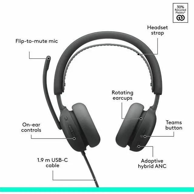Alt view image 6 of 7 - Logitech Zone Wired 2 for Business - Noise-Canceling Headset with Adaptive Hybrid ANC, Microsoft Teams Certified, USB-C with USB-A adapter, Graphite - Microsoft Teams CertificationUSB Type C, USB Type