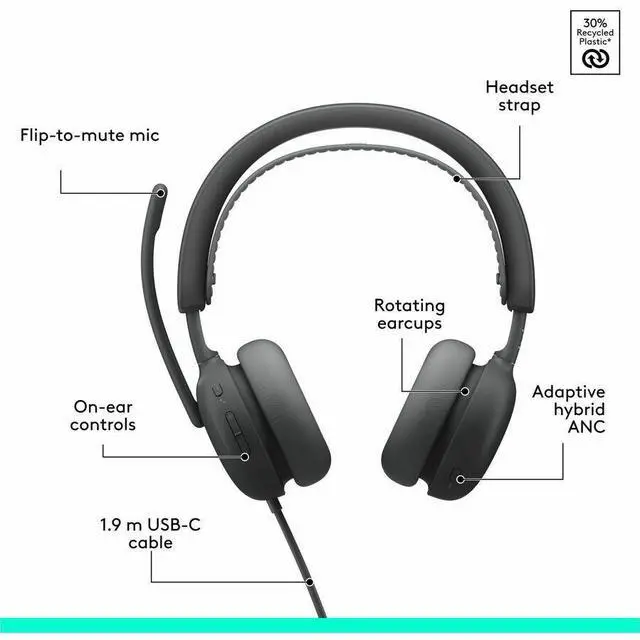 Alt view image 2 of 7 - Logitech Zone Wired 2 for Business - Noise-Canceling Headset with Adaptive Hybrid ANC, Zoom & Google Certified, USB-C with USB-A adapter - Graphite - Microsoft Teams CertificationUSB Type C, USB T