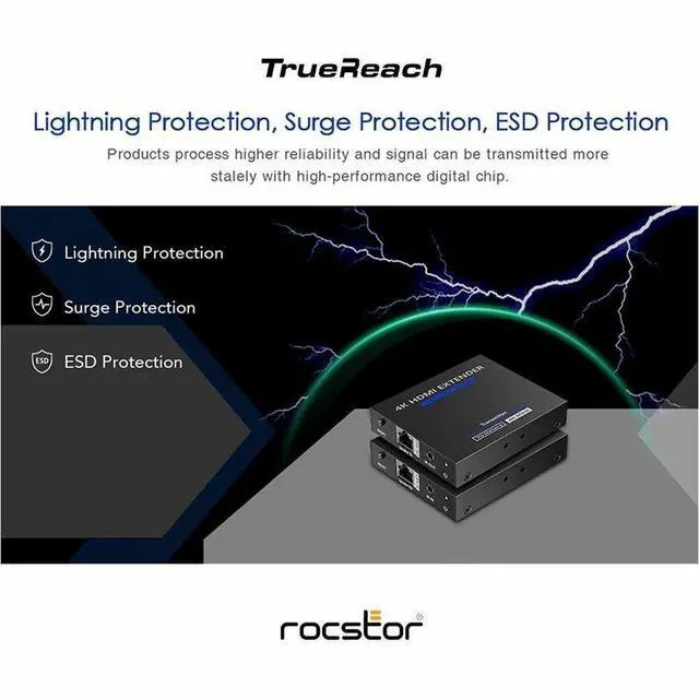 Alt view image 6 of 10 - Rocstor TrueReach 4K@60Hz HDMI Extender over CAT6/CAT6a/Cat7 Ethernet Cable – up to 230ft Point to Point Extender