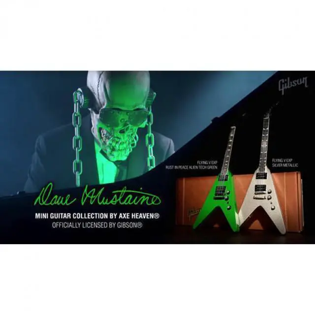 Alt view image 5 of 7 - Axe Heaven Gibson Dave Mustaine Flying V EXP Silver Metallic Mini Guitar GG-524