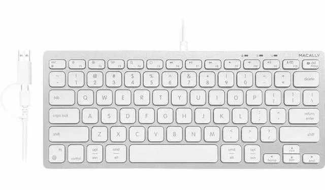 Main image of Macally Compact Mac Keyboard with Dual Plug - Cable Connectivity - Compact - USB Type C, USB Type A Interface - 78 Key(s) - Volume Control, Brightness, Mission Control, Media Control, Command, Option,
