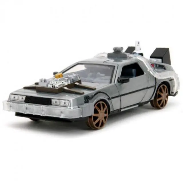 Alt view image 13 of 13 - DeLorean Brushed Metal Time Machine (Train Wheel Version) w/Lights "Back to the Future Part III" 1/24 Diecast Model Car by Jada
