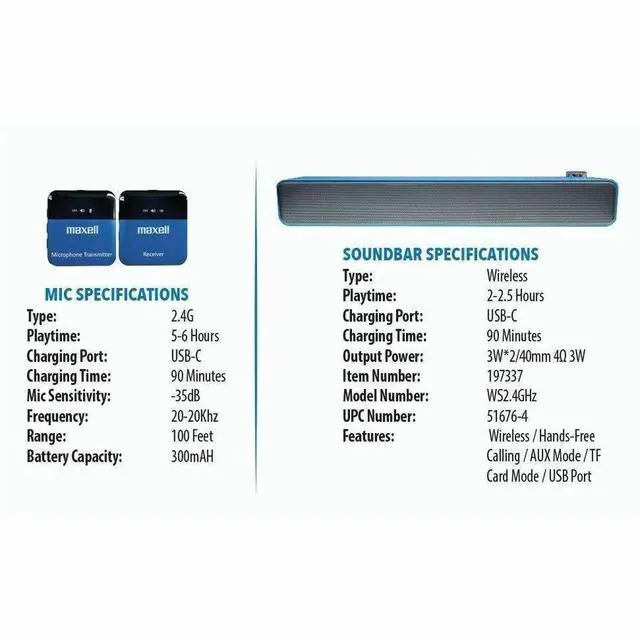 Alt view image 6 of 7 - Maxell VAS-1 2.0 Portable Bluetooth Sound Bar Speaker - 3 W RMS - Blue, Black - Floor Standing - 20 kHz - Battery Rechargeable - USB - 1