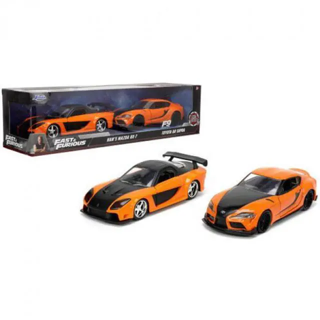 Alt view image 13 of 13 - Han's Mazda RX-7 Orange Met. & Matt Black & Toyota GR Supra Orange Met. w/Black Hood Set of 2 pcs 1/32 Diecast Model Cars Jada