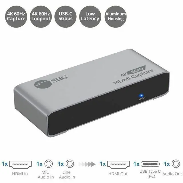Alt view image 2 of 7 - SIIG 4K60Hz HDMI Video Capture Device with Loopout - USB-C HDMI Capture Card lets you capture and record true 4K video at 60fps while simultaneously outputting zero-latency 4K60Hz passthrough to your