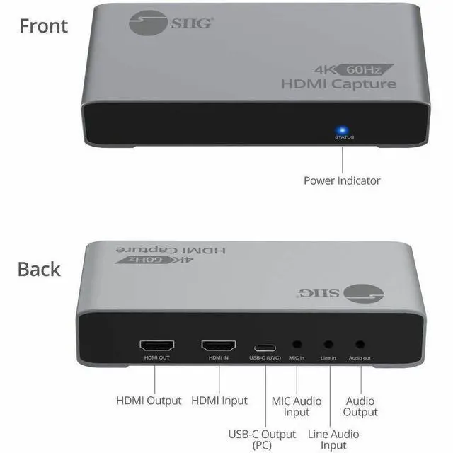 Alt view image 4 of 7 - SIIG 4K60Hz HDMI Video Capture Device with Loopout - USB-C HDMI Capture Card lets you capture and record true 4K video at 60fps while simultaneously outputting zero-latency 4K60Hz passthrough to your