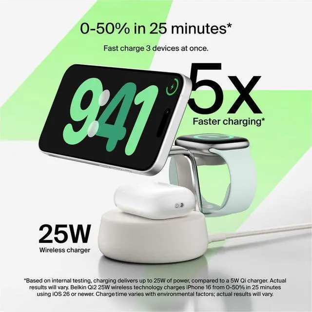 Alt view image 11 of 14 - Belkin UltraCharge Pro 25W 3-in-1 Magnetic Qi2 Wireless Charging Dock, Sand