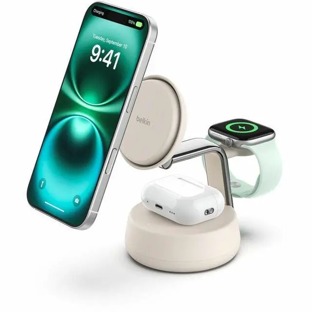 Alt view image 13 of 14 - Belkin UltraCharge Pro 25W 3-in-1 Magnetic Qi2 Wireless Charging Dock, Sand