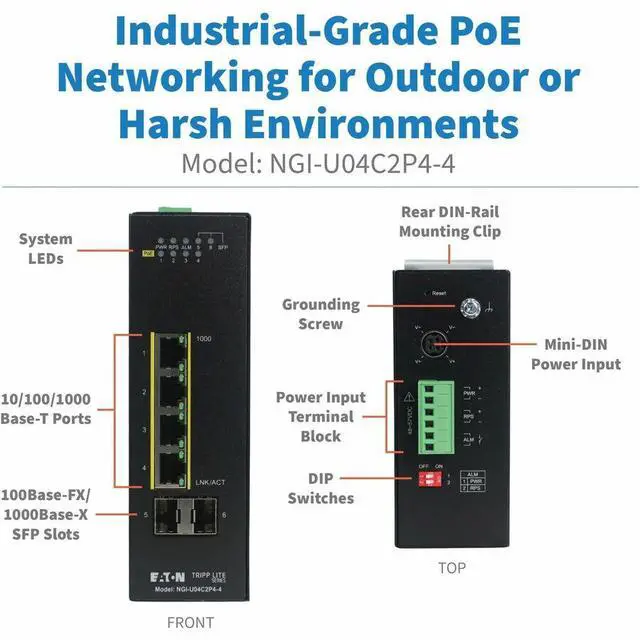 Alt view image 4 of 7 - Tripp Lite series NGI-U04C2P4-4 Ethernet Switch - 4 Ports - Gigabit Ethernet, Fast Ethernet, Ethernet - 1000Base-T, 1000Base-SX/LX, 10Base-T, 100Base-TX, 100Base-FX - 2 Layer Supported - 2 SFP Slots -