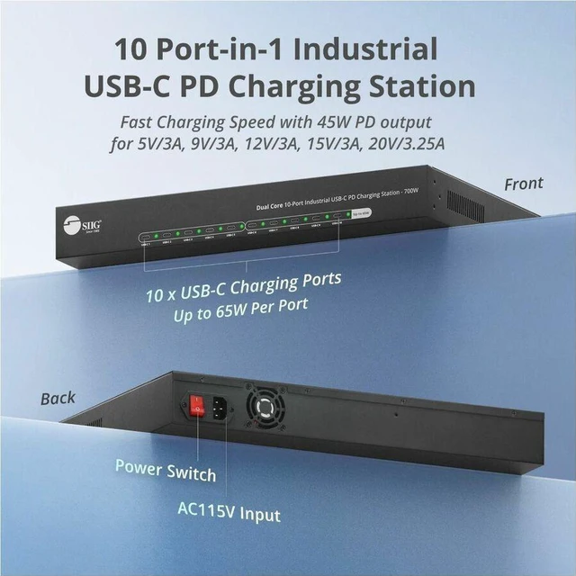 Alt view image 6 of 7 - SIIG Dual Core 10-Port Industrial USB-C PD Charging Station - 700W - Dual Core 10-Port Industrial USB-C PD Charging Station delivers a total power output of up to 700W - Providing up to 65W per port -