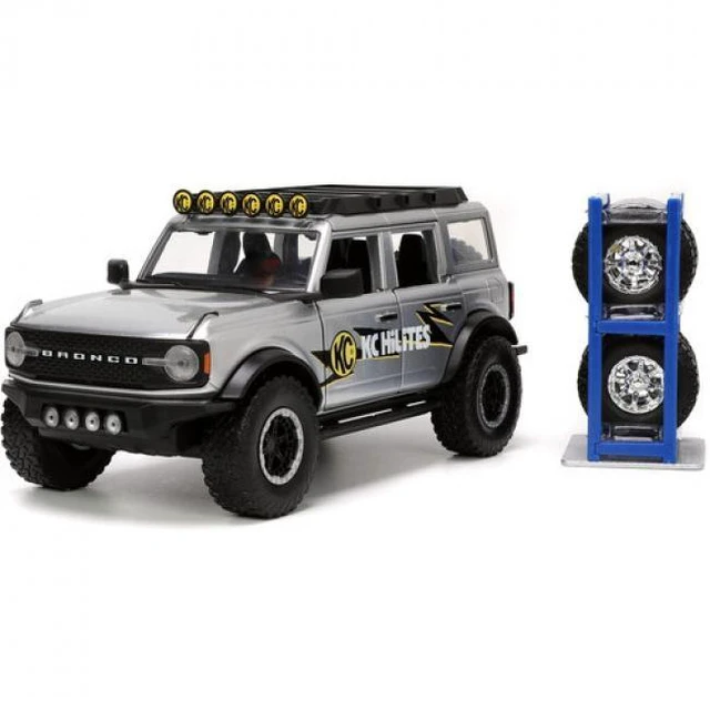 Alt view image 9 of 9 - 2021 Ford Bronco Gray Metallic "KC HiLiTES" with Extra Wheels "Just Trucks" Series 1/24 Diecast Model Car by Jada