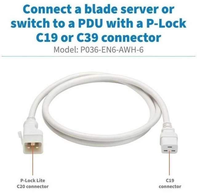 Alt view image 5 of 8 - PDU POWER CORD, C19 TO P-LOCK LITE C20 - 20A, 250V, 12 AWG, 6 FT. (1.8 M), WHITE