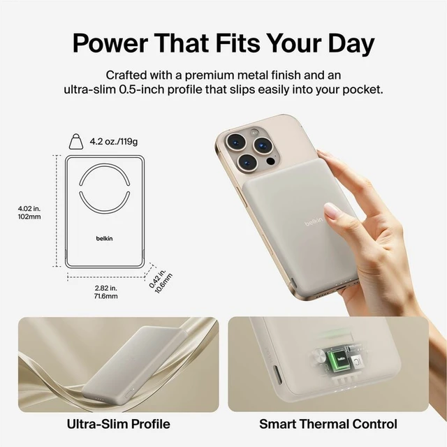Alt view image 7 of 7 - Belkin BoostCharge Slim Magnetic Power Bank 5K, Sand - For Smartphone, iPhone, Earbud, USB Type C Device, MagSafe-enabled Device, Android Device, Qi2-enabled Device, Universal - 5000 mAh - 7.50 W - US